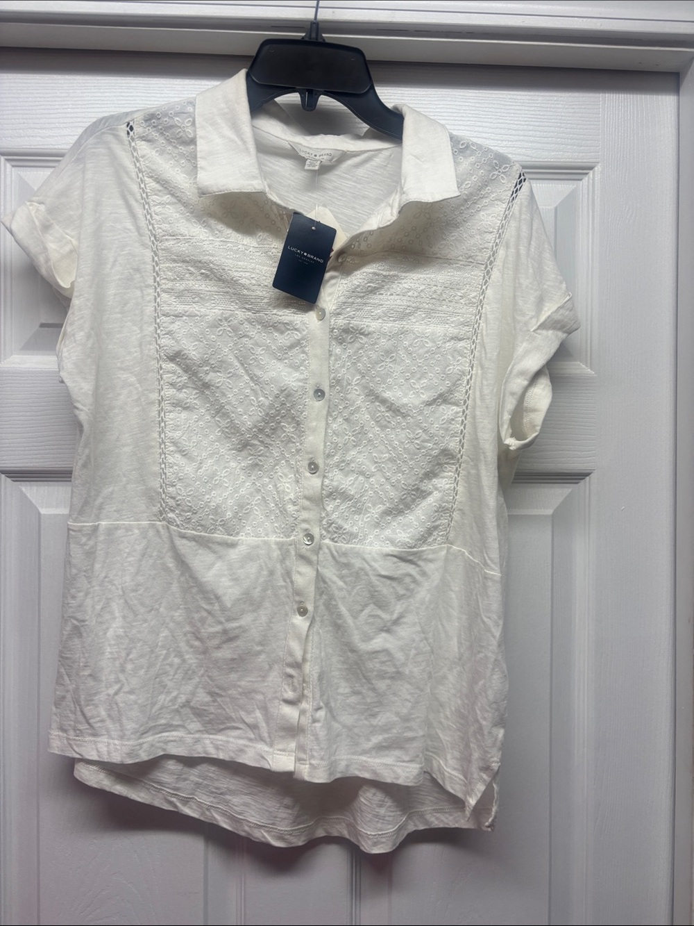 Lucky Brand Women’s White Button-Front Eyelet Lace Panel Shirt Medium New